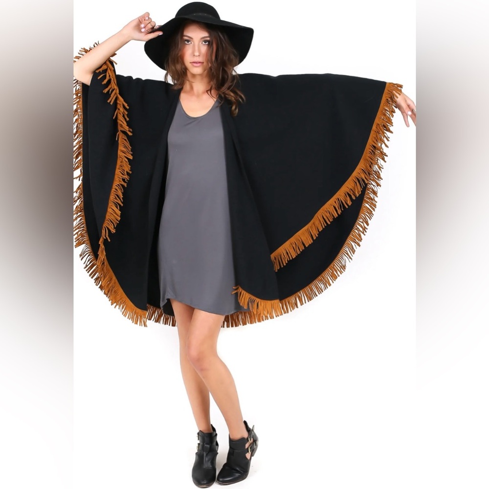 Soft Surroundings Black  Poncho One Size Brown Suede Fringe Festival Coachella